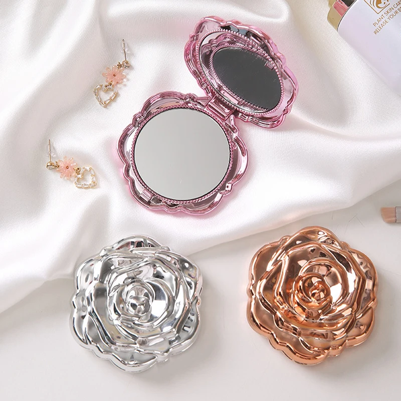 Retro Rose Flower Small Mirror Electroplating Rose Portable Double Sided Mini Compact Flip Makeup Mirror Cosmetic Beauty Tool