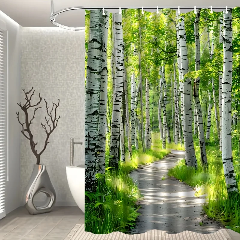 2D Flat, 2D Flat, 1pc Birch Trees Pattern Shower Curtain with Hooks, Washable Shower Curtain, Bathroom Divider, Bathroom Additio
