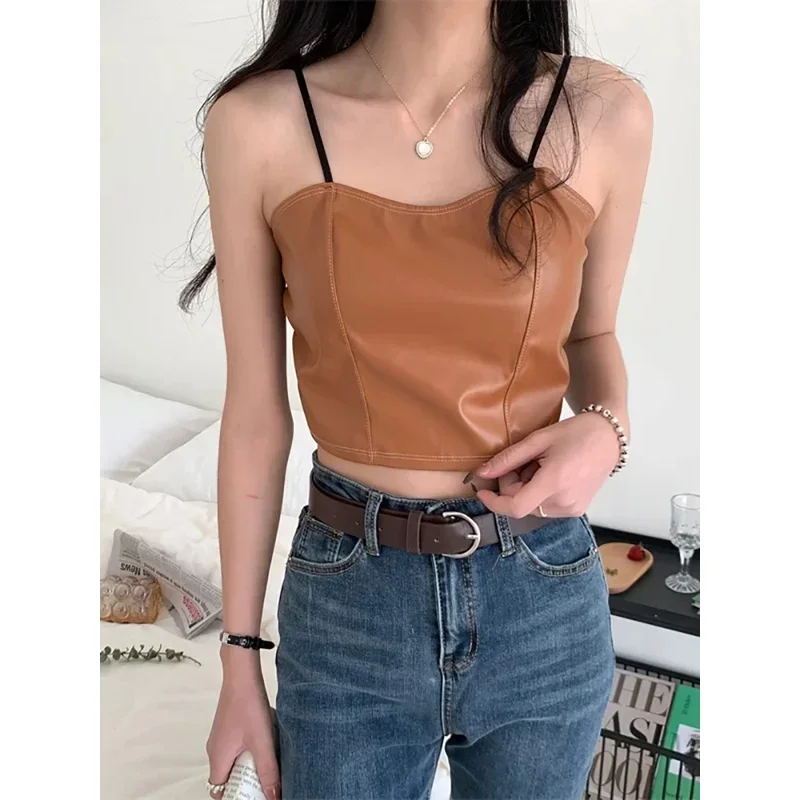 

Women's PU Leather Suspender Vest Underwear Thickened with Chest Pad Sexy Top Y2K Navel Back Elastic Lace Vest Women Street Wear