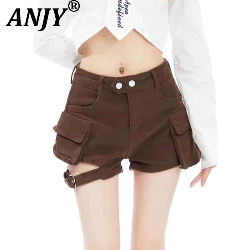 

ANJY Spring Summer New Women American Style Retro Fashion Design Pockets Denim Shorts High Street Ins Casual Cargo Pants A22269
