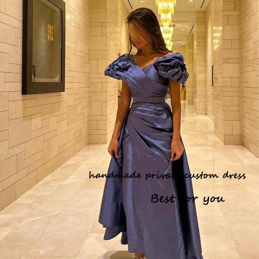 

Arabic Evening Dresses Off Shoulder Pleats Taffate V Neck Prom Dress with Train Dubai Formal Evening Gowns Floor Length