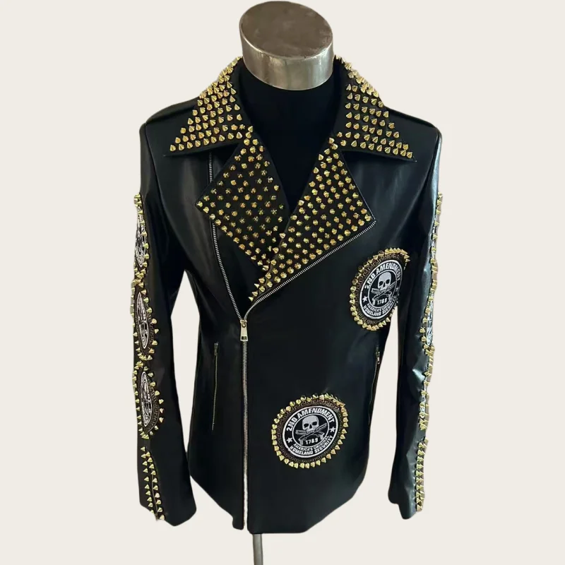 Customs Handmade Men\'s Cool Skeleton Rivets Leather Jacket Costumes Party club Male Singer Dancer Stage Show Performance Coat