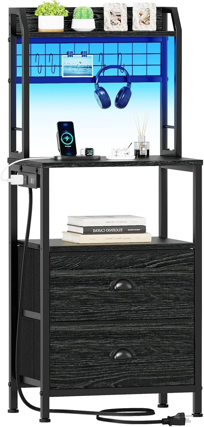 

40'' Tall Nightstand with LED Lights, Charging Station, 2 Drawers & Storage Shelves for Bedroom in Black Oak