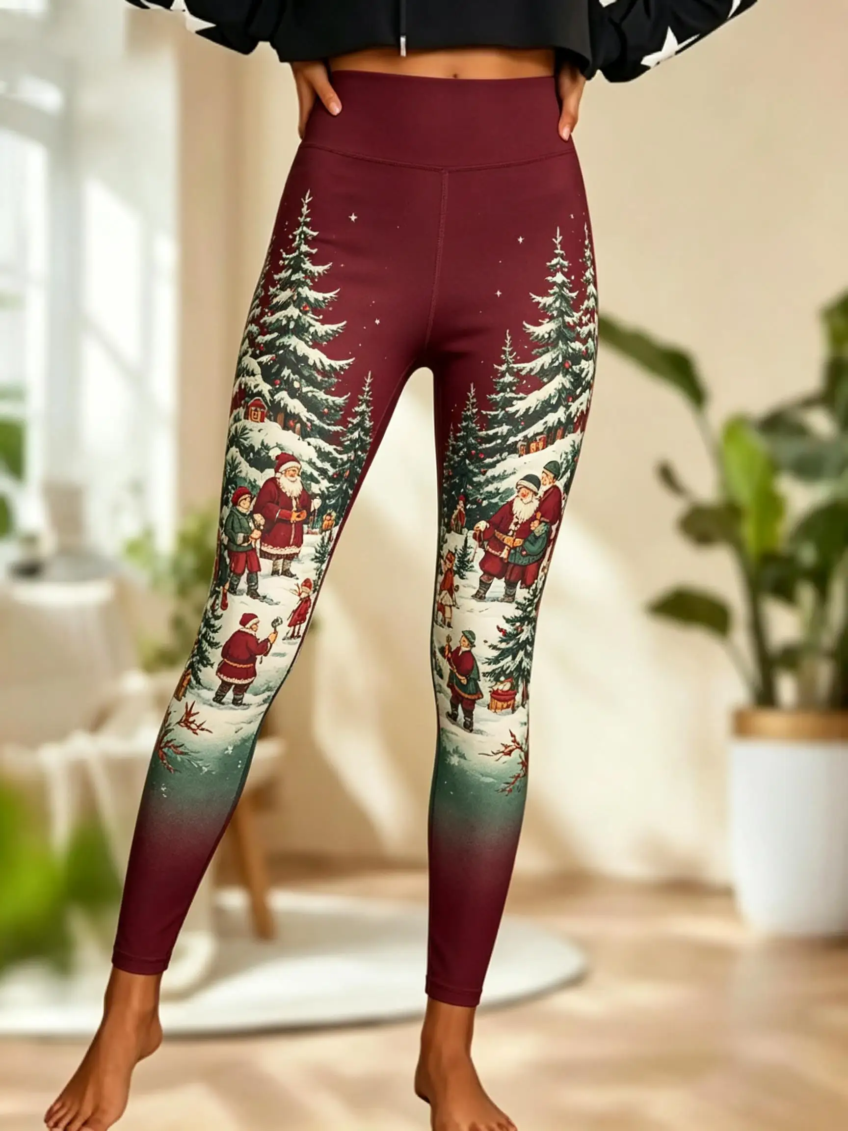 Women Fleece‑Lined Mid‑Rise Leggings Christmas Santa Kids Snow Scene Xmas Tree Gradient Print Slim Warm Pants
