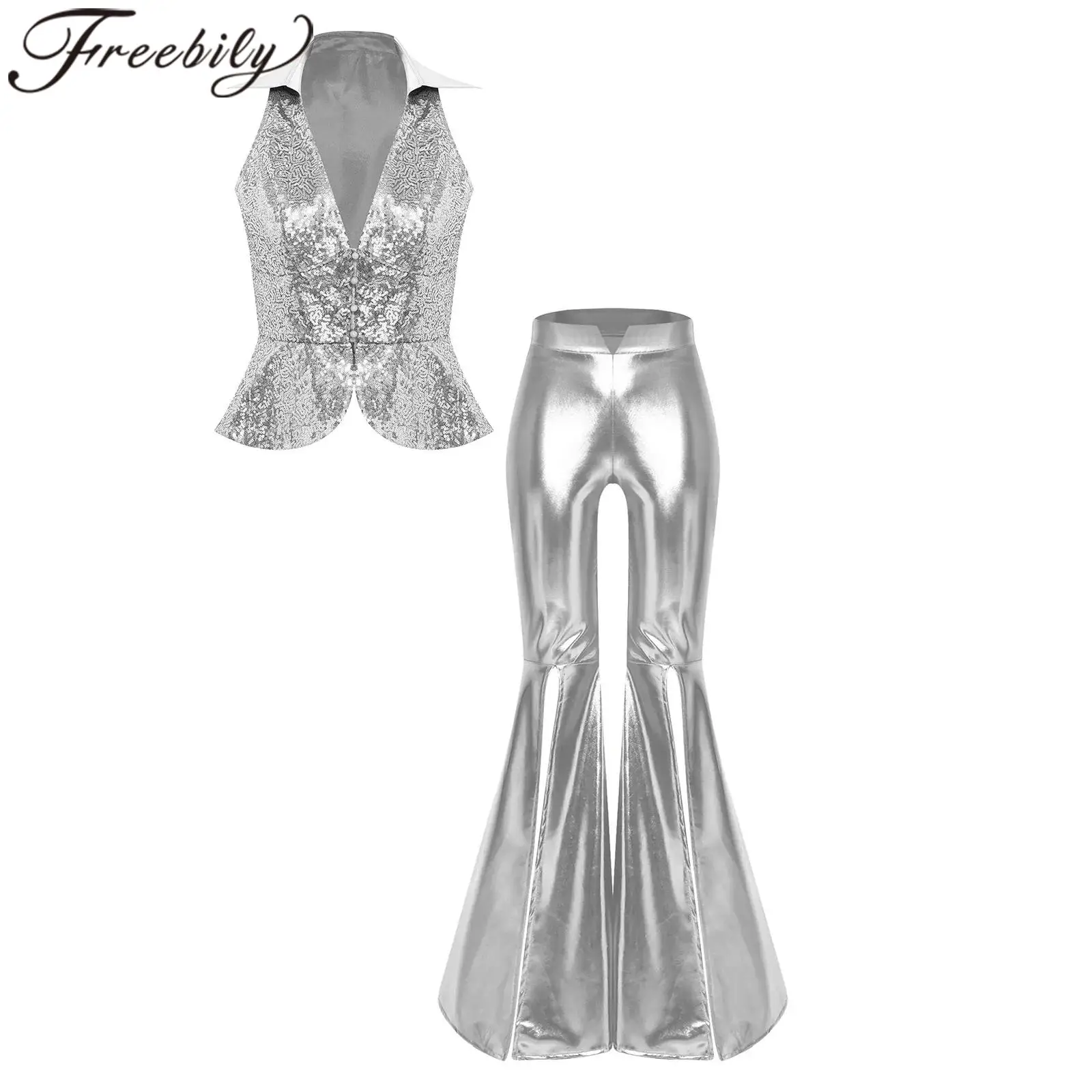 

Women Lapel Sequin Vest Tops Flares Pants Suits Cocktail Festival Rave Outfit 70s 80s Disco Costume Clubbing Trouser Sets