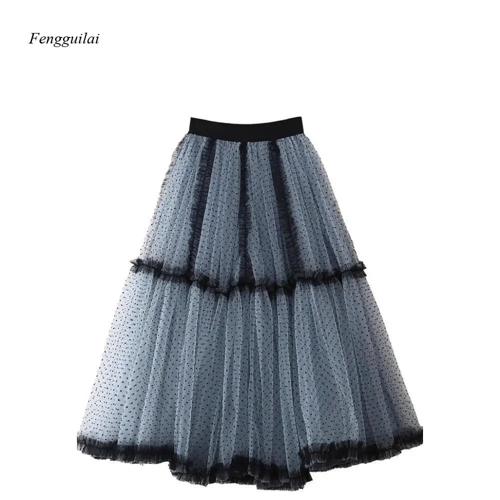European and American Style Heavy-Duty Netted Half-Length Dress In Pink Polka Dots, A-Line Shape Long Dress