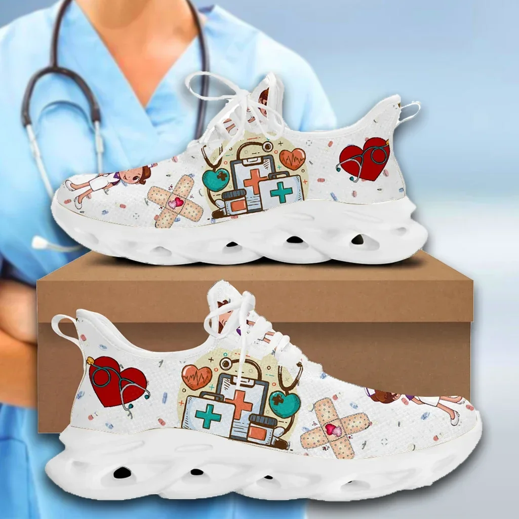 White Nursing Shoes for Women Cute Cartoon Nurse Women Sneakers Brand Design Doctor Medical Printed Light Lace-up Flats Zapatos