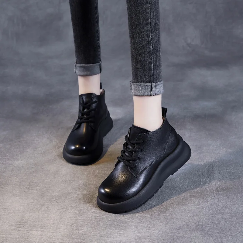 DRKANOL, botas de cuero genuino para mujer, plataforma gruesa, cuñas, tacón, punta redonda, botines para mujer, zapatos cálidos de invierno, talla grande 35-43