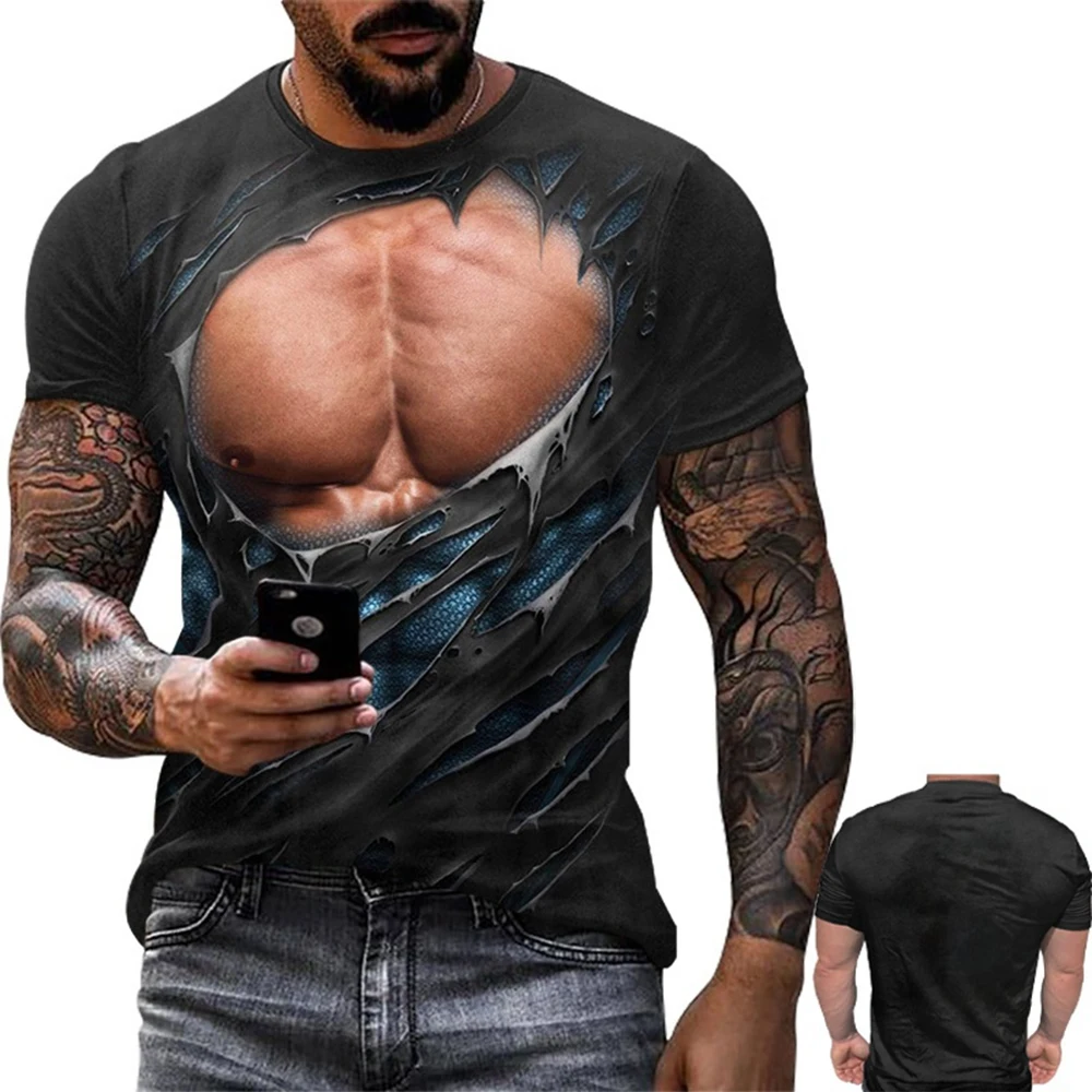2026 Sommer Herren Mode-Trend Personalisierte Kreativität 3D-Druck Fake-Muskel-Print T-Shirt Street Casual Spaß Kurzarm-Shirt – Detail 7