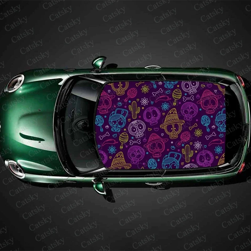 Colorful Skull Pattern Car Roof Sticker Wrap Racing SUV Accessories Packaging Painted PVC Custom Car Graphic Decal