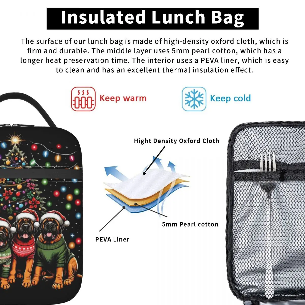 Mastiff Dog Family Light Christmas Tree Insulated Lunch Bag for Women Kids Portable Food Boxes Thermal Lunch Box Tote