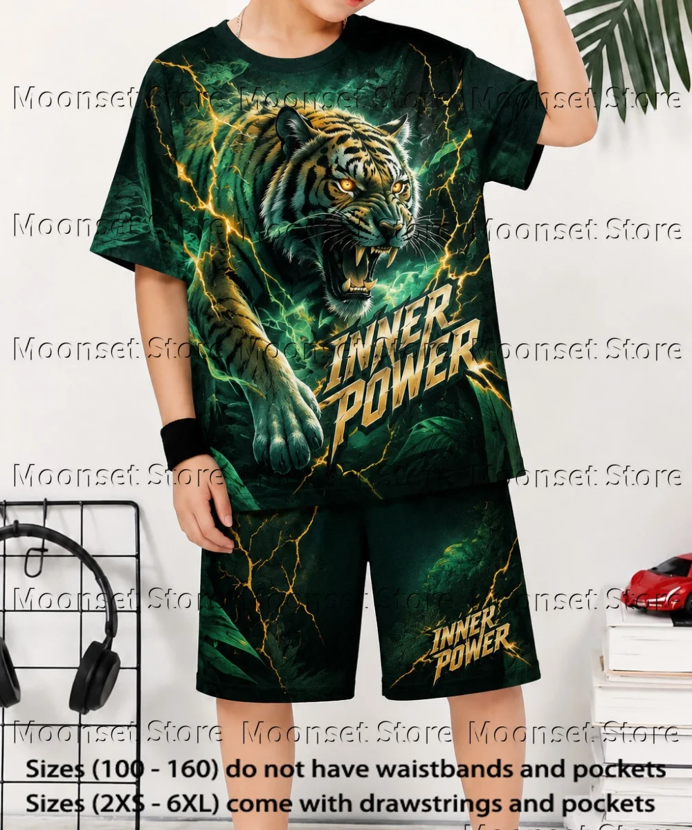 Fashion Boys 2‑Piece Summer Set Cool Tiger Lightning Jungle Full‑Print Crew Neck Short Sleeve T‑Shirt Shorts Kids Casual Suit