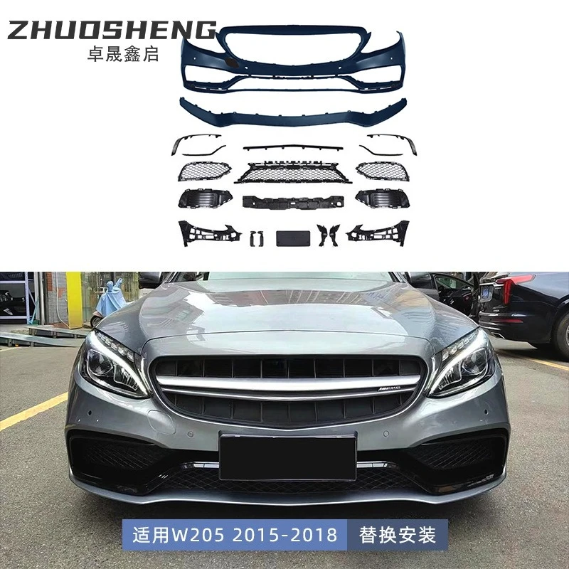 Body Kit – Front/Rear Bumper For Mercedes C-Class W205 (2015–2018) C63 AMG , Hood, Fender Set in Primer, ABS+PP+Stainless Steel