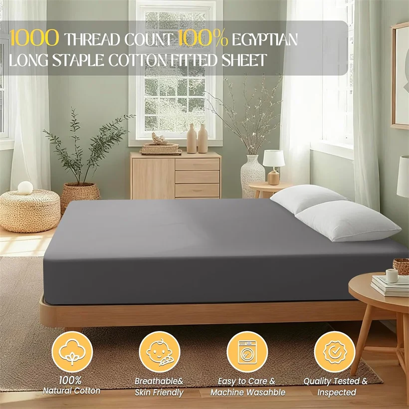 Soft 1000TC Organic Egyptian Cotton Fitted Sheet Double Queen Size Mattress Cover with Elastic Band Bed Sheet 90/120/150/180/200