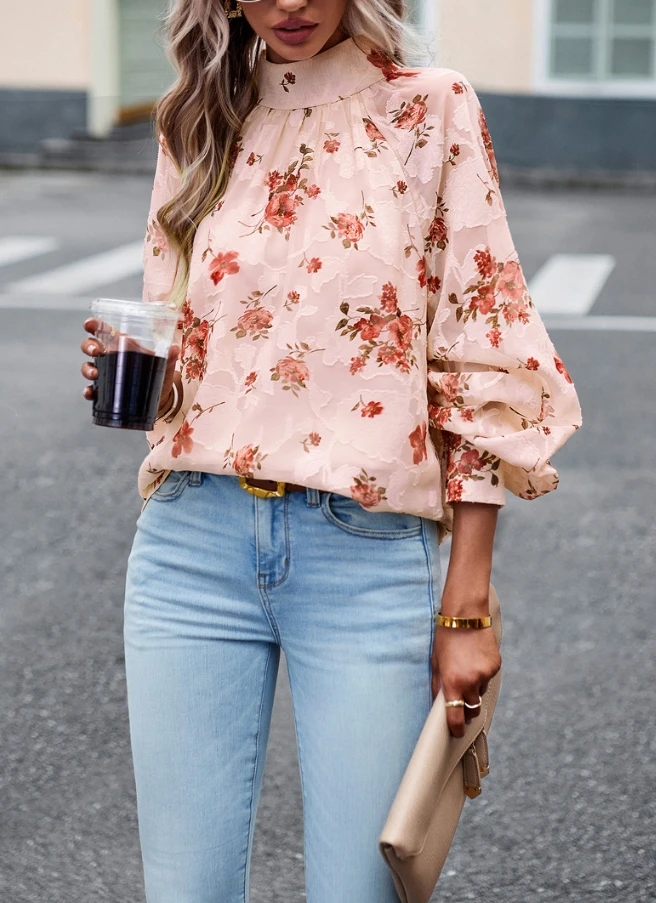 

Elegant Commuter Women's Shirt 2024 Autumn New Product Flower Print Round Neck Lace Up Long Sleeve Loose Casual Pullover Shirt