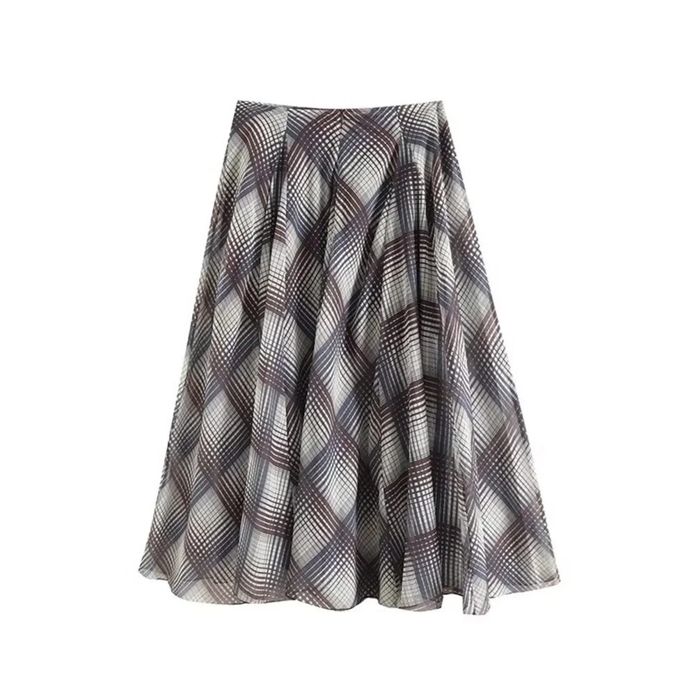 PB&ZA2024 Autumn New Product Fashionable and Casual Women's Clothing plaid Printed Floating Horn Half length Skirt