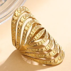 DLHP Geometric Curved Hollow Multi Layer Wide Rings For Women Stainless Steel Gold Plated Adjustable Open Rings Jewelry Gifts