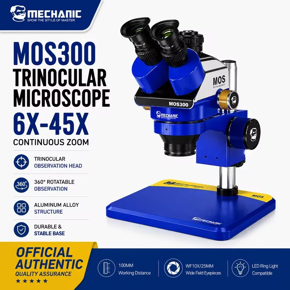 MECHANIC MOS300-B11 Trinocular Stereo Microscope Metal Body 6-45X Zoom HD Optical Lens for Biological Observation Electronics