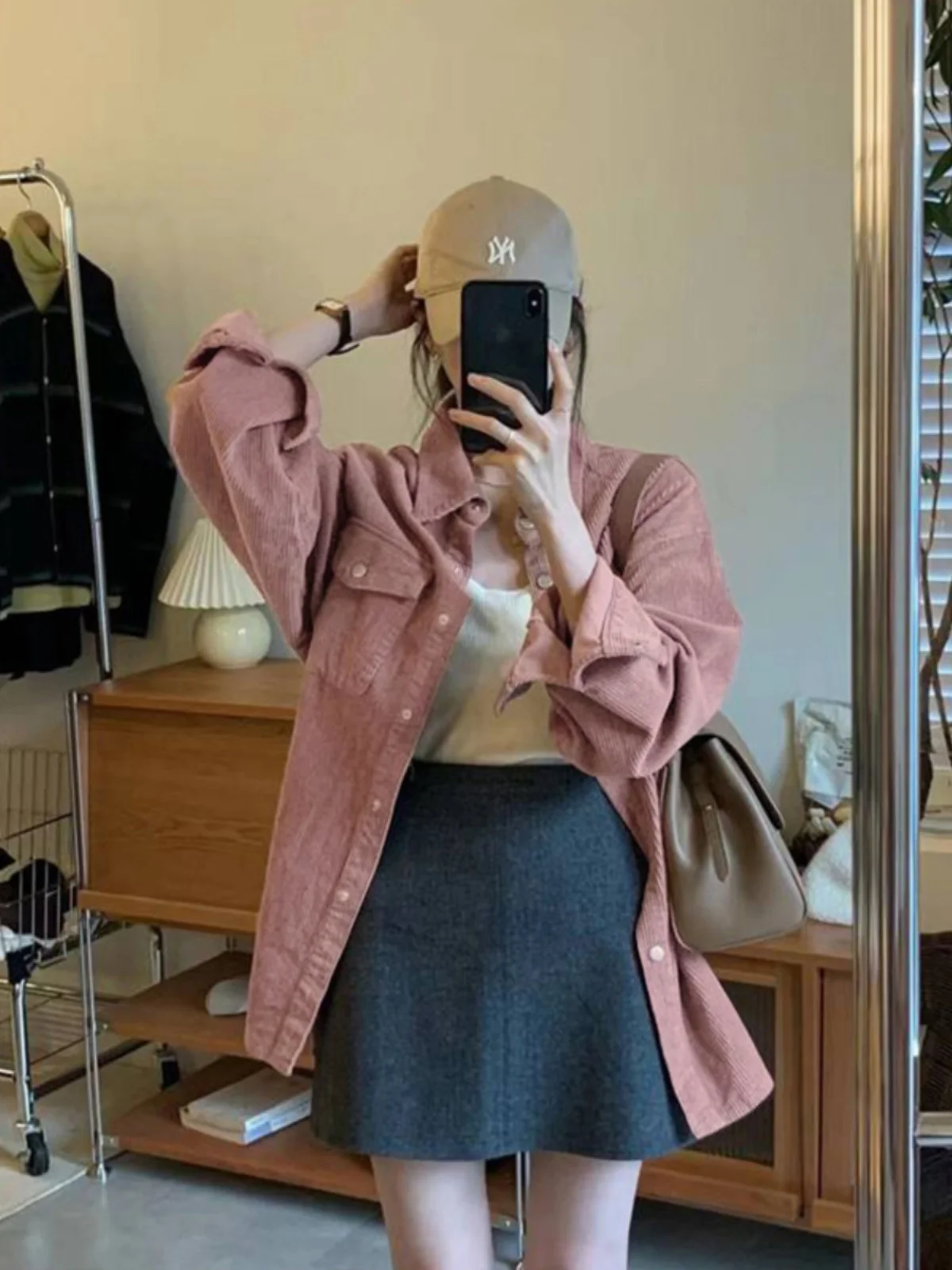 

Pink Corduroy Long Sleeve Shirt Women's Loose Fit Outerwear Korean Style Gentle Layering Shirt Collar Button up Shirt