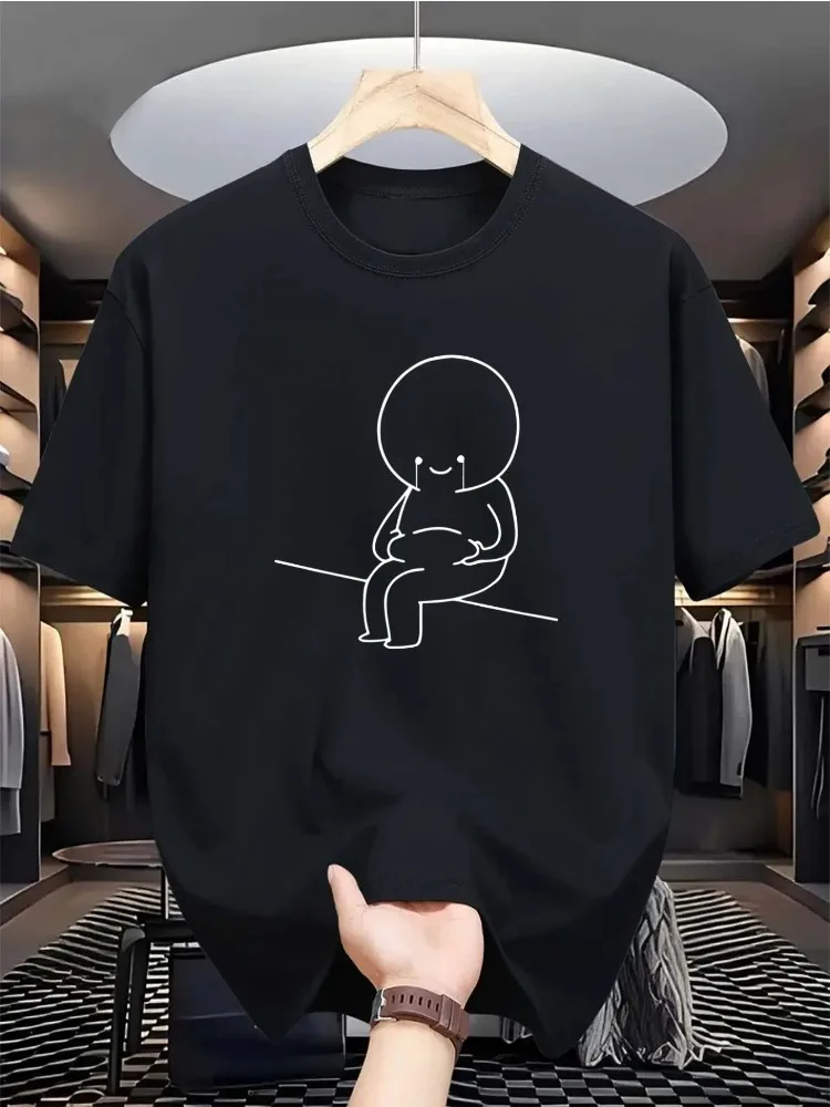 Minimal Abstract Mens Loose Black Tee Simple White Outline Sad Happy Stickman Character Graphic Soft Cotton Urban Casual Shirts