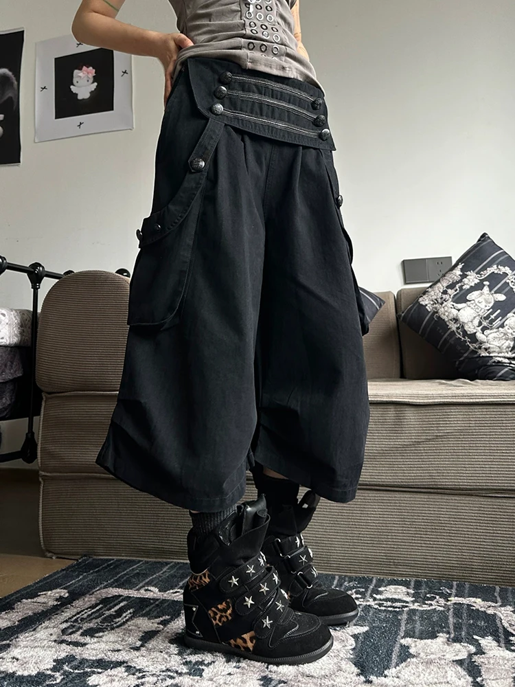 ReddaChic Royal Buttoned Women Bermuda Shorts Grunge Wide Leg Low Rise Multi-pockets Capri Cargo Shorts Gothic Summer Clothes