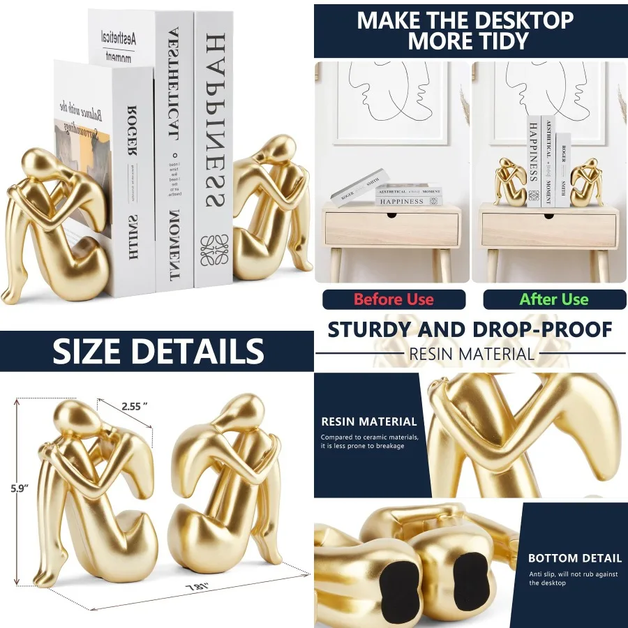 

Золотые концы книг Girl Thinker Design Современные подставки для книг для полок Нескользящая прочная смоляная пробка для книг из смолы 1 пара 2Pi