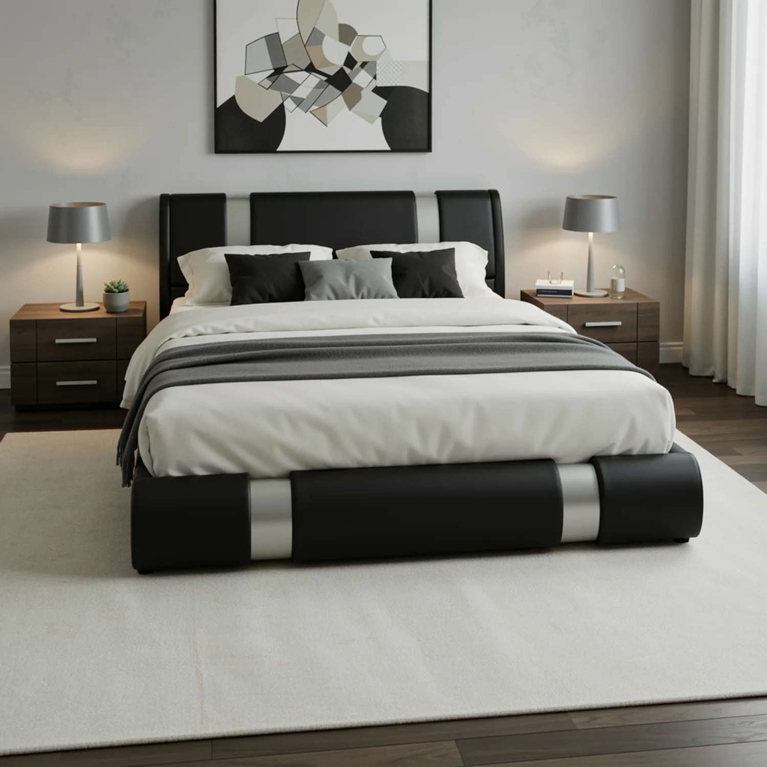 

HOOMIC Queen/King Modern Platform Bed Frame, Faux Leather Upholstered Bed with Metal Accents