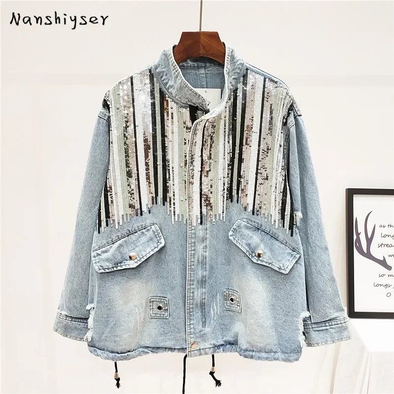 Autumn Women New Boho Camouflage Sequins Holes Denim jacket Outwear Lace up Jeans jackets Casual Bomber Jacket Jaquetas Feminina