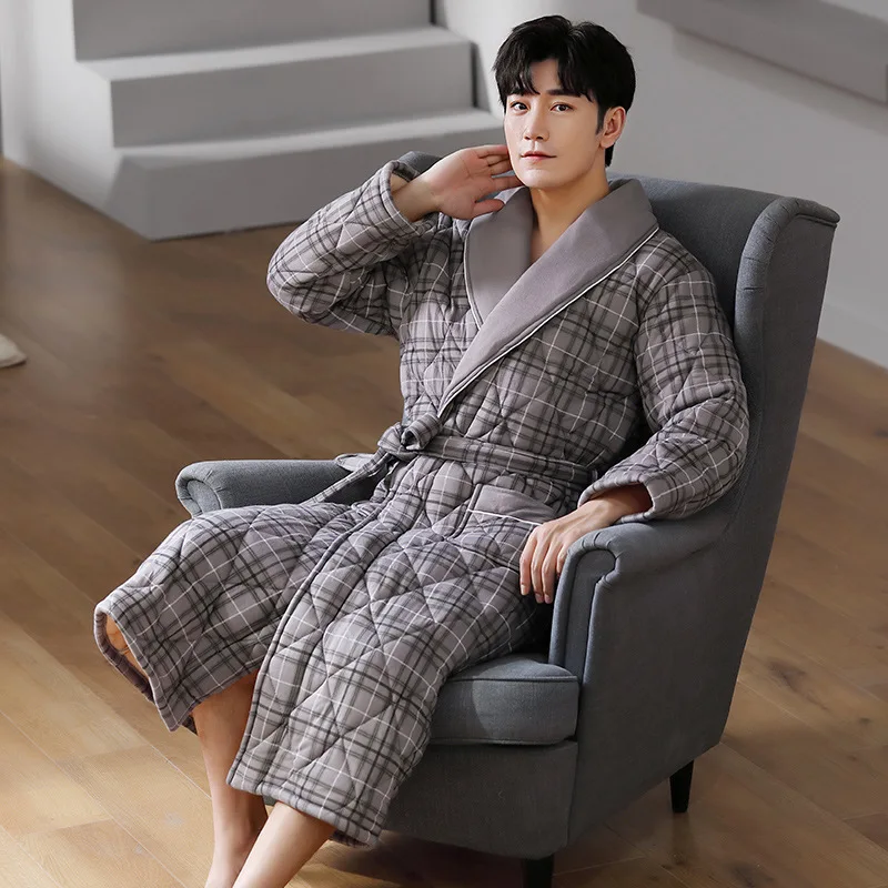 New Winter Thickened Warm Sleepwear Nightwear Cotton-Padded Robe Bathrobe Gown Loose Print Stripes Kimono Home Wear Loungewear