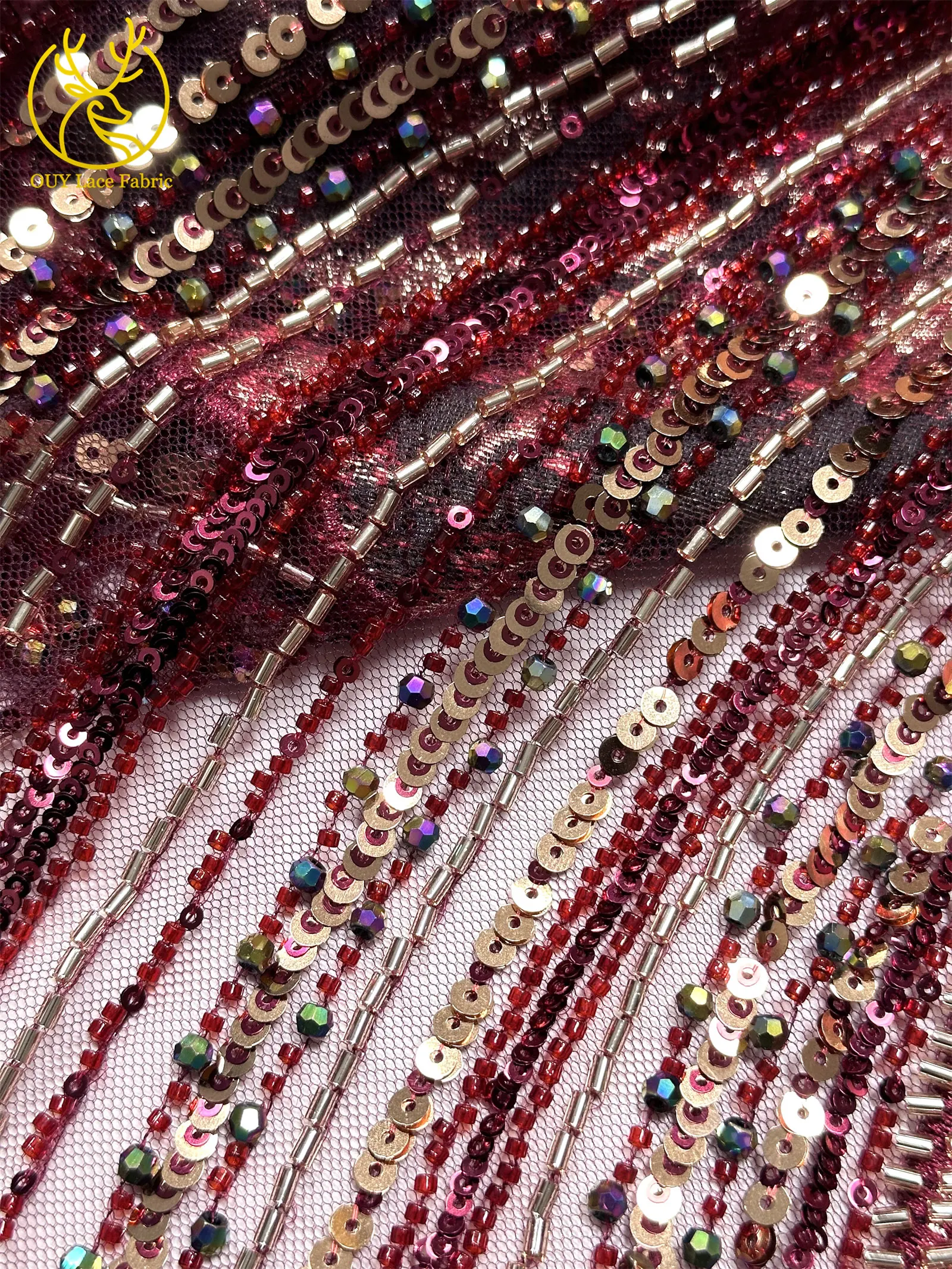 Lila luxuriöser afrikanischer schwere Perlen-Chiffon-Spitzenstoff 2026 Hochwertiger nigerianischer Pailletten-Spitzenstoff für Abendkleider 5 Yards – Detail 19