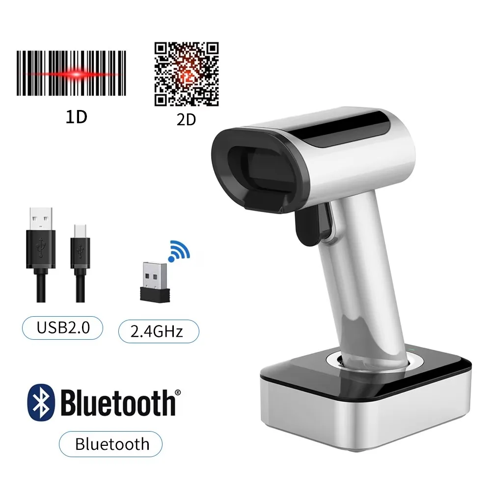 

Screen Display Wireless 2D 1D Barcode Scanner Handsfree 2.4Ghz Datamatrix QR Handheld Terminal Barcode Reader With Charging Base