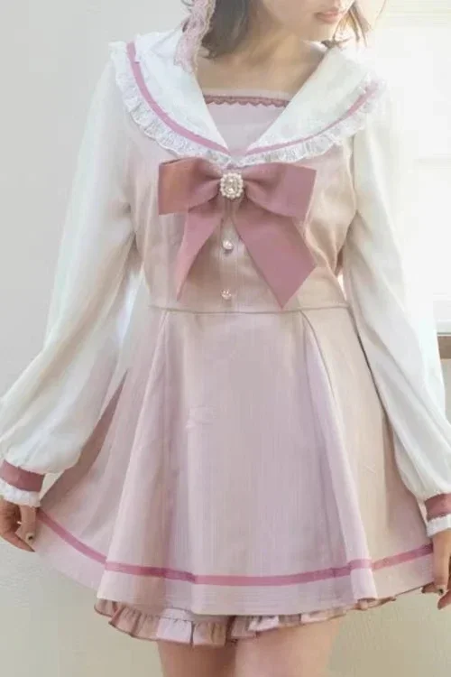 Imagem -03 - Conjunto de Vestido Lolita Feminino de Duas Peças Top Curto para Menina Colarinho Clássico de Marinheiro Terno Lolita com Listras Laço Doce Japonês