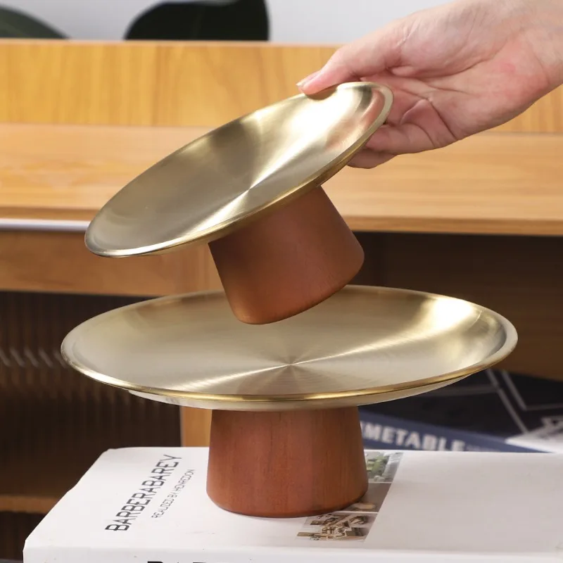 1pcs Gold Stainless Steel Fruit Dessert Tray with Solid Wood Stand High Foot Candy Plate for Living Room Coffee Table Home Use