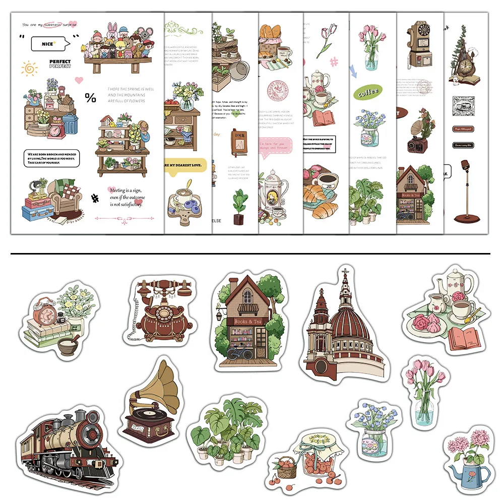 8PCS Creative Garden Coffee Shop Series Stickers, Account Materials, Hand drawn Mobile Phone Cases, Notebook Gooka Stickers