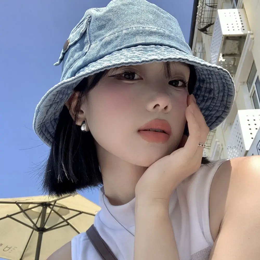 

Fashion Vintage Denim Bucket Hat Solid Color Travel Pocket Sun Hats Outdoor Korean Fisherman Cap Unisex