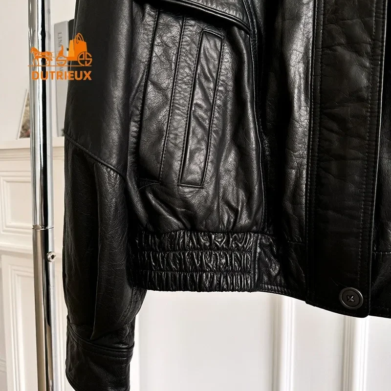 Autumn and Winter Women\'s Real Leather Motorcycle Jacket Small Size Loose Fashion Retro Black Leather Short Coat Jacket Commuter