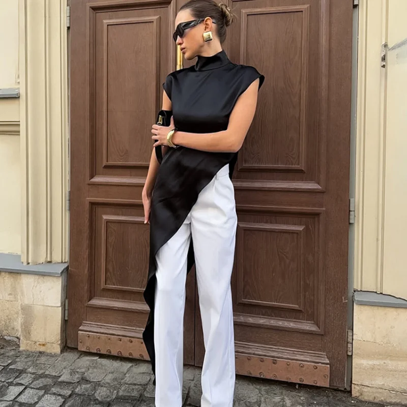 Summer Satin High-End Loose High Neck Sleeveless Fashion Design Asymmetric Dress Casual Dress for Women