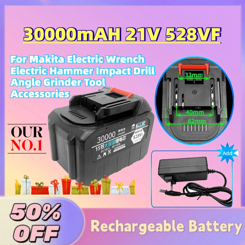 

New 30000mAH 21V 528VF Li-Ion Battery for Makita Electric Wrench Electric Hammer Impact Drill Angle Grinder Tool Accessories