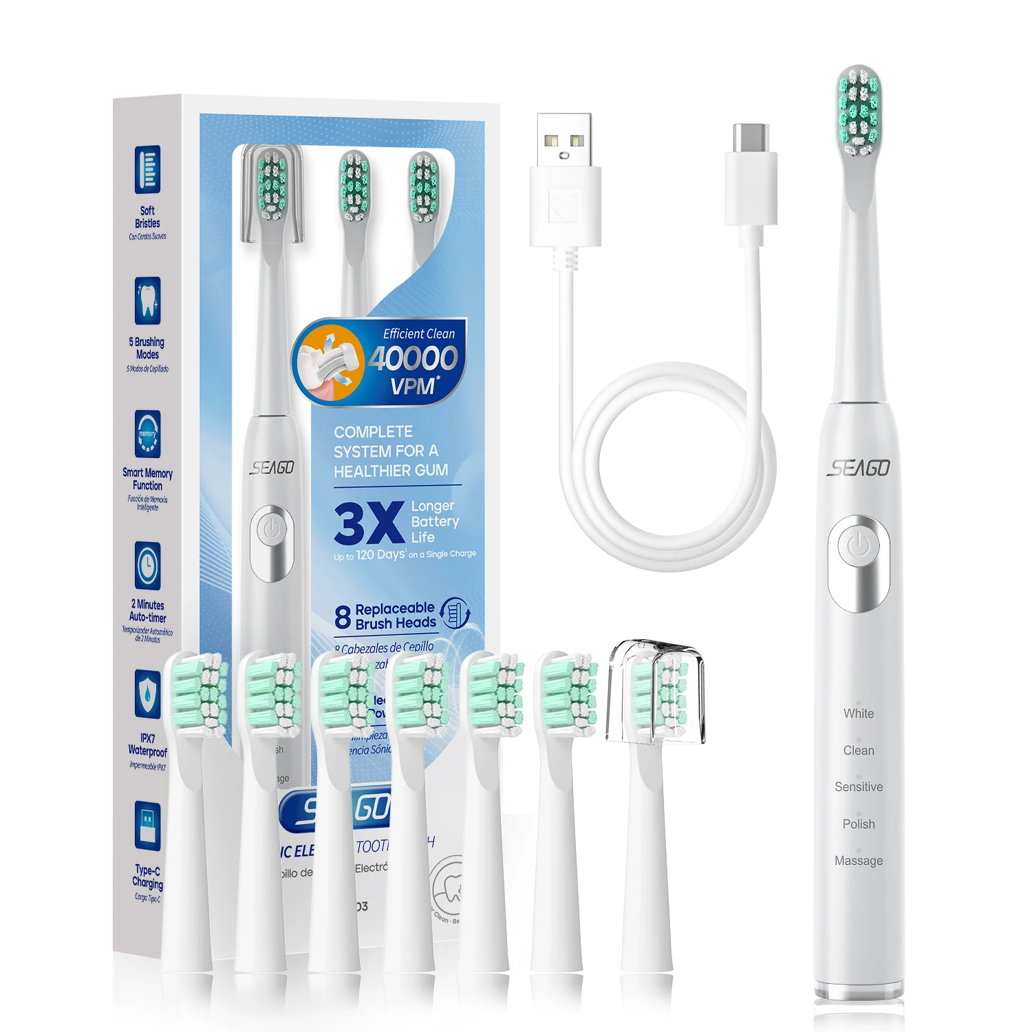 Seago Electric Toothbrush Baby Toothbrush for Kids Brush Heads with 8 Replacement Brush Heads 5 Modes Smart Timer Waterproof