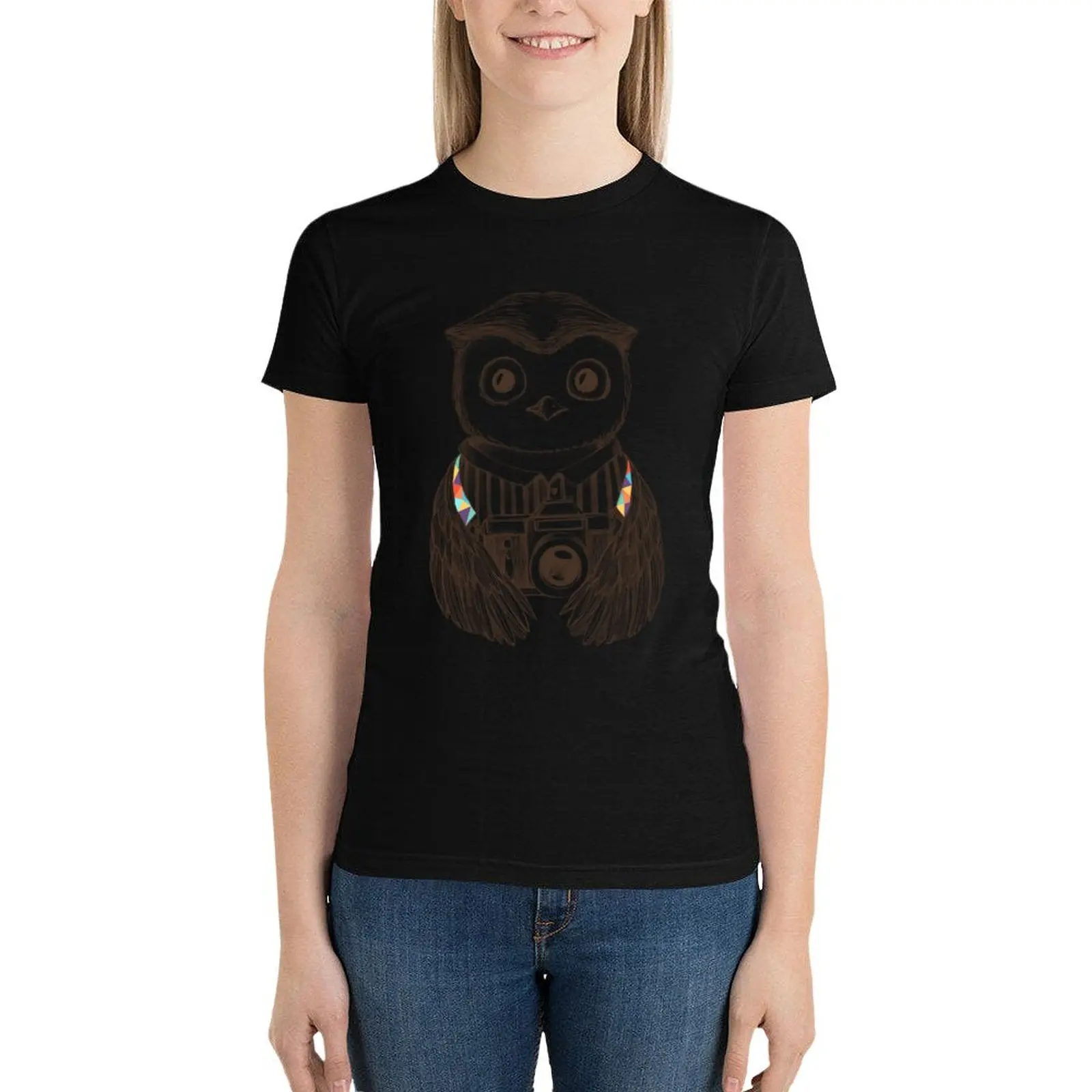 Drawing Owl with Camera T-Shirt oversized animal print shirt for girls cute tops workout shirts for Women