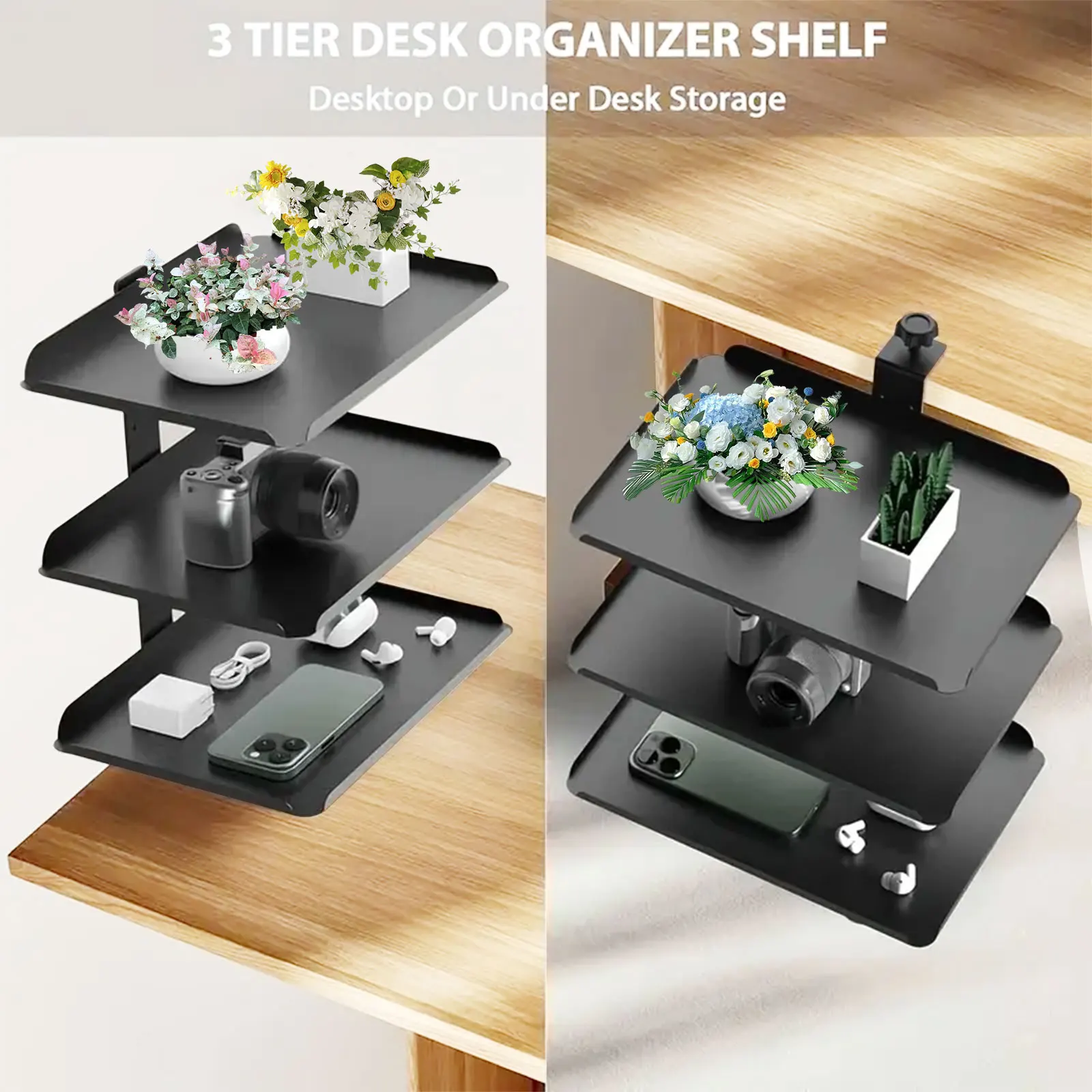 3-lagiger Schreibtisch-Organizer unter dem Schreibtisch, seitliches Aufbewahrungsregal, rutschfest, ohne Bohren, mit Kopfhörerhaken für das Heimbüro, Kohlenstoffstahl