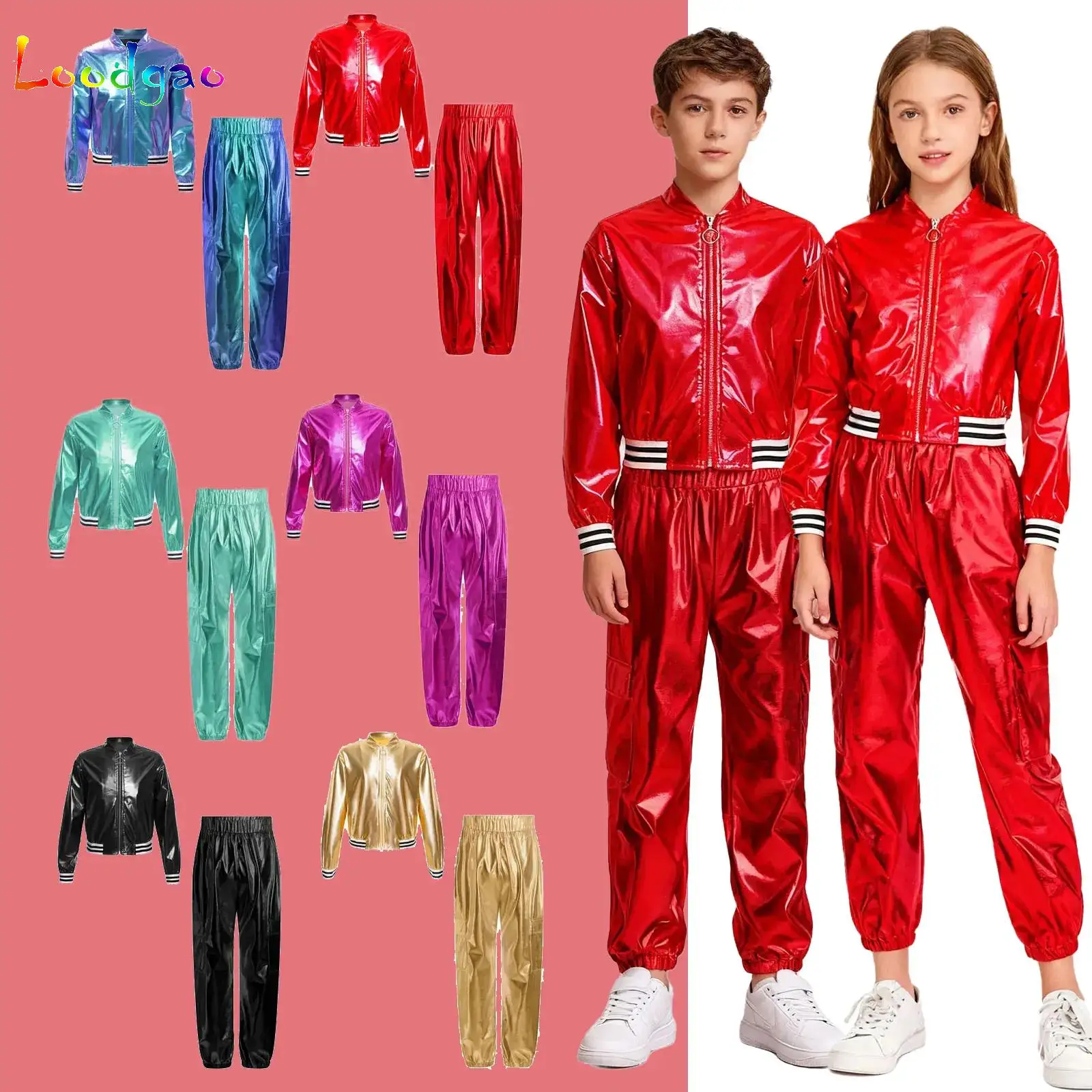 Kids Girls Sports Tracksuit Outfits Carnival Jazz Hip Hop Street Dance Performance Costume Metallic Bomber Jacket Coat Pants Set