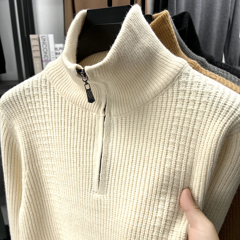 

High quality warm knit sweater men new luxury half zipper high neck autumn winter simple solid color casual versatile pullover