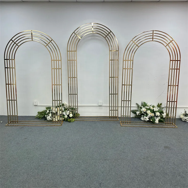 Shiny Curved Screen Shelf, Wedding Arch, Gold-Plated Geometry Flower Door Stand, Artificial Floral Decor Frame, Five Bar Screen