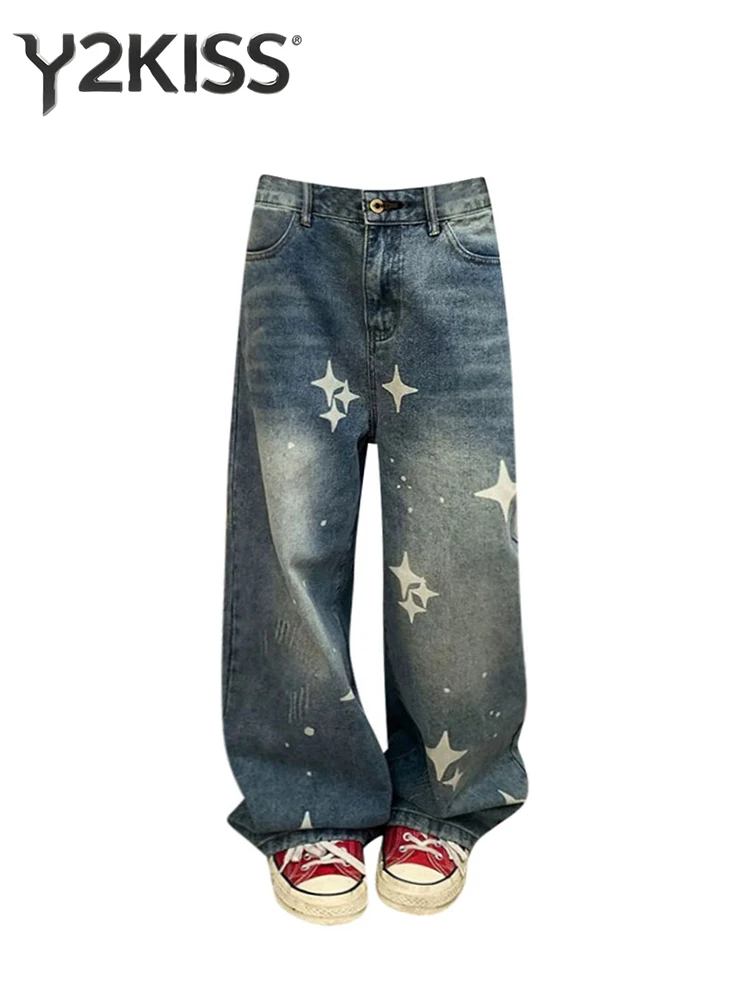 

202, осенне-зимние женские джинсовые брюки с синим звездным принтом, мешковатые широкие джинсы в американском стиле ретро Y2K Y2k, японский ковбойский цвет Harajuku, новинка