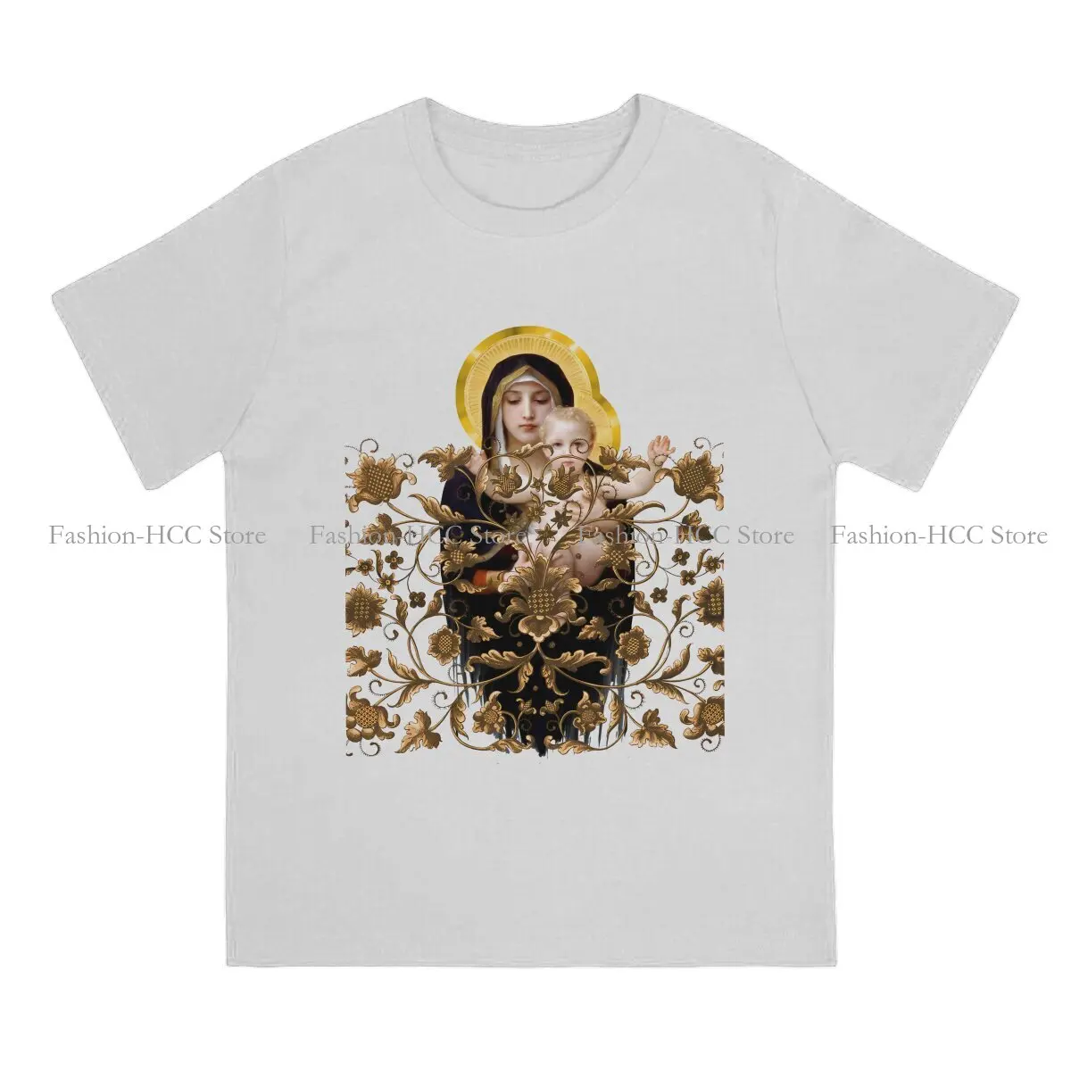 Gold Flowers Newest Polyester TShirts Virgin Mary Male Graphic Streetwear T Shirt Round Neck