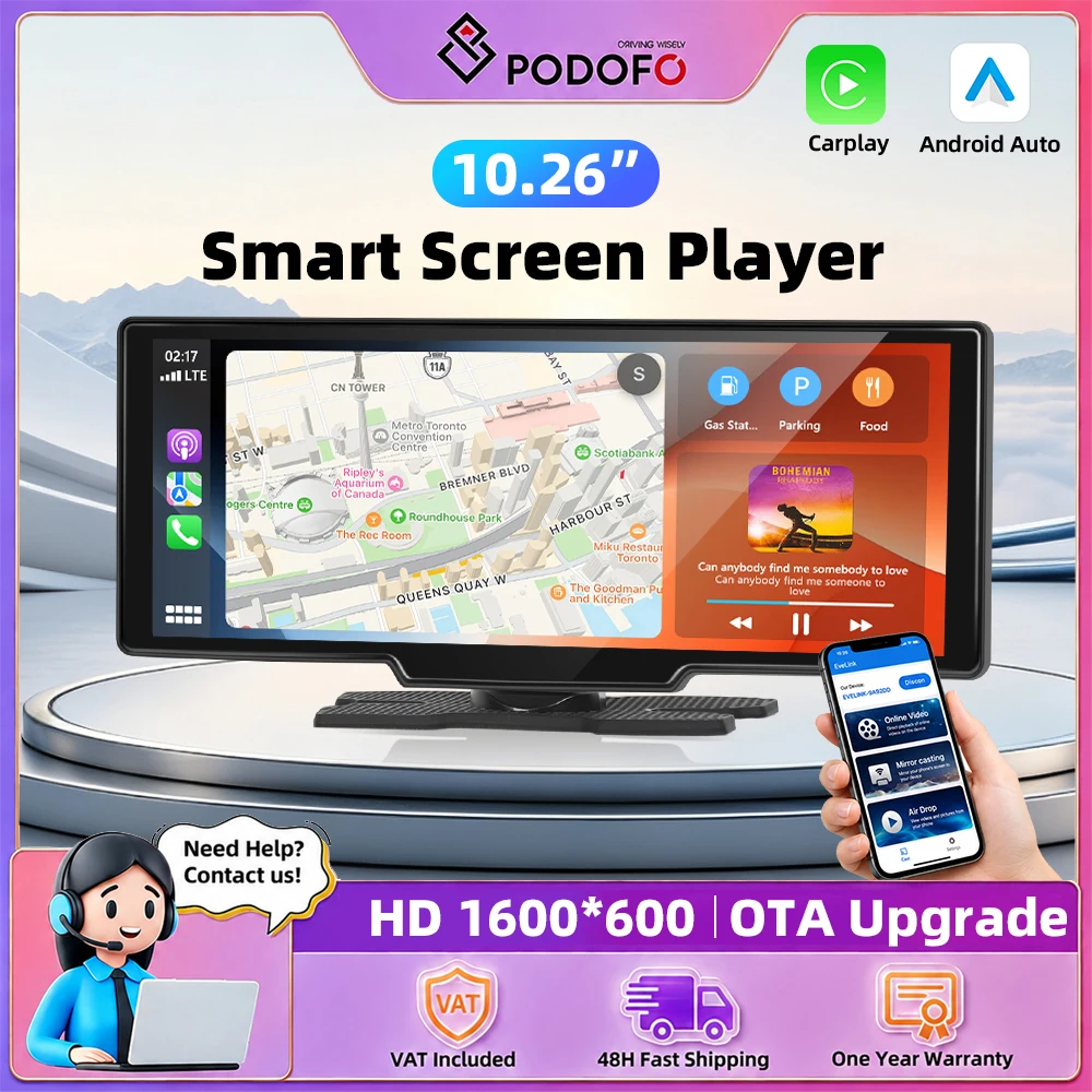 Podofo, display digitale da 10,26 pollici per auto, con Carplay wireless, Android Auto, lettore multimediale portatile, schermo HD, autoradio, sistema di assistenza alla guida intelligente,