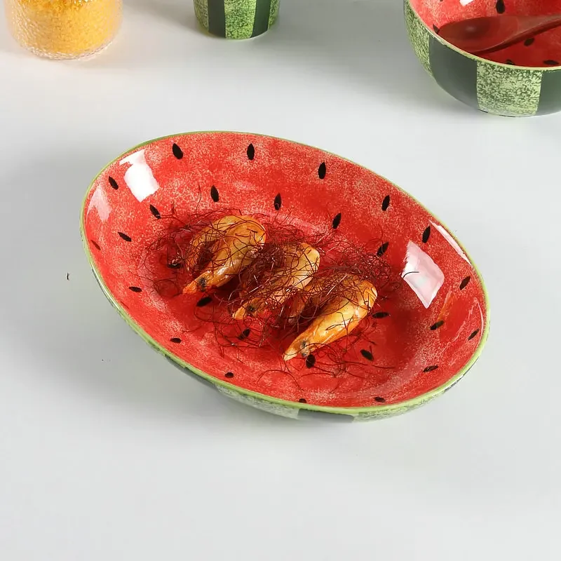 Oval Fish Plate Creative Hand-painted Watermelon Ceramic Tableware Underglaze Fruit and Vegetable Plate Kitchen Restaurant Tray