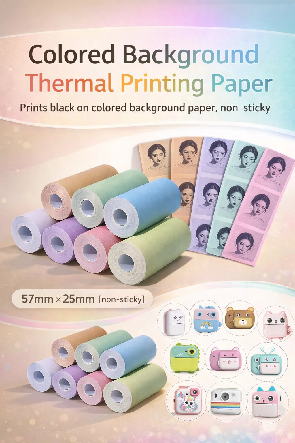 Colorful Mini Printer Paper, Thermal Paper 57 * 25mm for Pocket Inkless Portable Bluetooth Printer Mini Portable Printer Paper