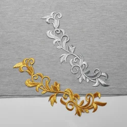 2pcs/lot Long Flower Gold Silver Iron On Appliques Embroidered Patches Lace Fabric Decoration Vintage Dress Costumes Diy Trims